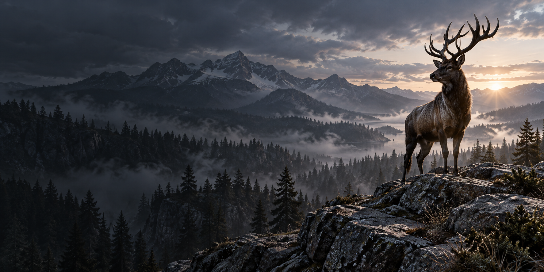 Stag overlooking a misty forest and mountains
